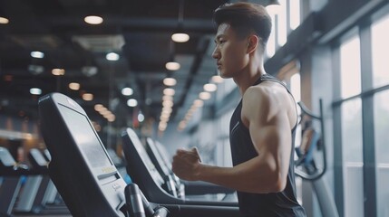 athletic Asian man is training in the gym	 - obrazy, fototapety, plakaty