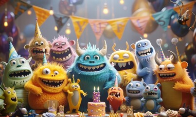 Fototapeta na wymiar Group of Monsters Celebrating Around Birthday Cake