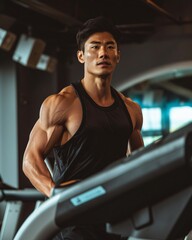 athletic Asian man is training in the gym	