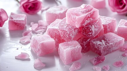 A plate of pink Turkish Delight cubes covered in powder sugar, with roses scattered around the white background.