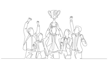 Continuous one line drawing of business people celebrating with trophy, team success concept, single line art.