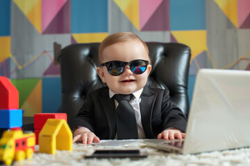 Baby CEO, a smiling infant wearing a tailored black suit and tie, oversized black sunglasses, sitting in a plush executive chair in front of a laptop and smartphone, surrounded by colorful toy blocks