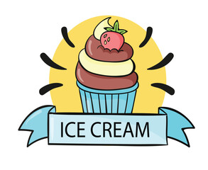 Chocolate ice cream topped with fresh strawberries is ready to be enjoyed
