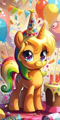 Obraz premium Little Pony Celebrating With Birthday Cake and Balloons