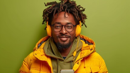 A man wearing glasses and a yellow sweater is smiling while holding a cell phone