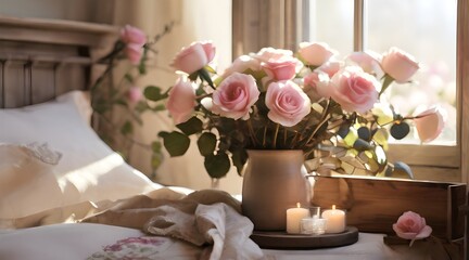 A romantic bedroom decorated with pink roses, white bed and pillows, with large windows overlooking the street. The room is bathed in soft natural light from the window