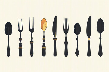 Culinary Icons: A set of icons depicting cutlery in varying styles, representing the diversity and simplicity of dining and food-related symbols.