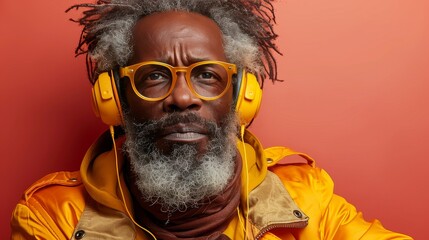 A man with glasses and a yellow jacket is wearing headphones