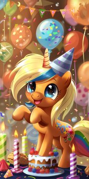 Cartoon Pony Celebrating With Birthday Cake and Balloons