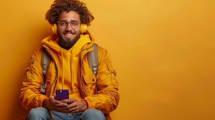 A man wearing glasses and a yellow sweater is smiling while holding a cell phone