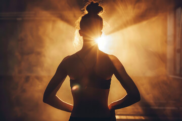 Gym Glow - A woman in a moment of joy, her silhouette glowing against the gym's ambient light, an embodiment of healthy vitality.