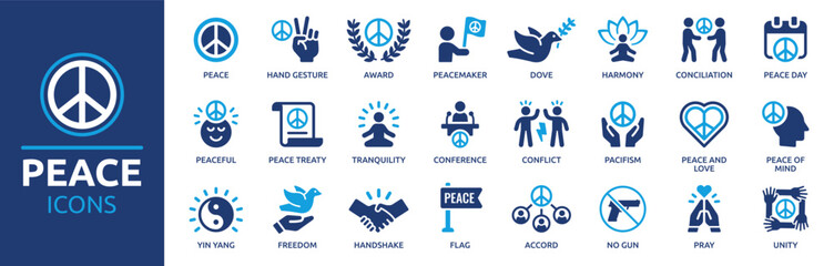 Peace icon set. Containing pacifism, dove, harmony, tranquility, freedom, conciliation, peace day and more. Solid vector icons collection.