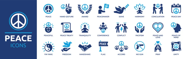 Gardinen Peace icon set. Containing pacifism, dove, harmony, tranquility, freedom, conciliation, peace day and more. Solid vector icons collection. © Icons-Studio