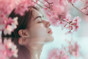 Cherry Blossom Contemplation - A woman in serene reflection under cherry blossoms, her expression a silent ode to nature's ephemeral beauty.