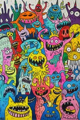 A Painting of Many Different Colored Monsters