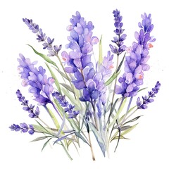 Colorful watercolor lavender flowers illustration on a white background
