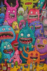 Fototapeta premium Painting of a Group of Cartoon Monsters