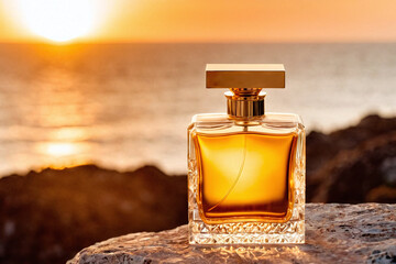 Perfume Bottle on the Rocks near the Atlantic Ocean at Sunset - obrazy, fototapety, plakaty