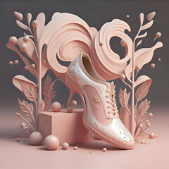 conceptual logo pink golden fashionable  high heel shoe  at pink decorated  background  for shoes business, branding. Ai generated - 765714248