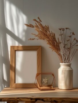 Wooden Shelf With Vase and Picture Frame