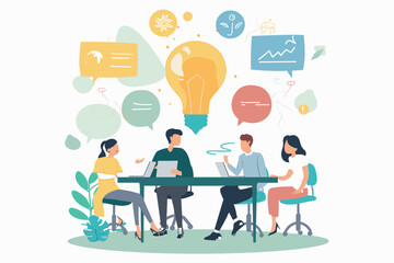 Business Workshop Brainstorming - Team Meeting to Generate New Ideas, Training Course with Q&A Discussion. People in Conference Room with Whiteboard, Sticky Notes. Vector Illustration for Web, Ad.