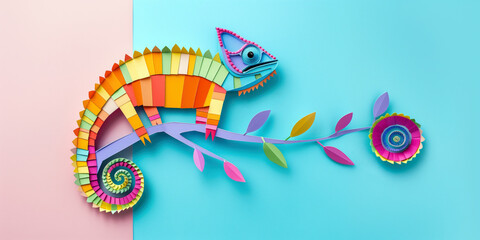 Colorful paper chameleon on a pink and blue background