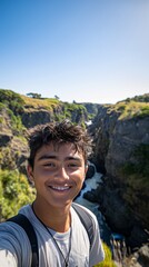 Naklejka premium A young man is smiling and taking a selfie in front of a waterfall