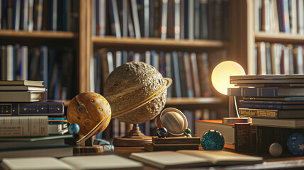 Desk with Solar System Model and Astronomy Books