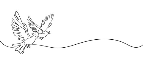 Pigeons continuous line art drawing isolated on white background. Black and white. Vector illustration