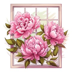 bouquet of peonies on a window background watercolor illustration