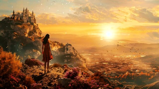 The Girl Explorer's Ancient City Vista: A Tapestry of Beauty. Seamless looping time-lapse virtual 4k video animation background