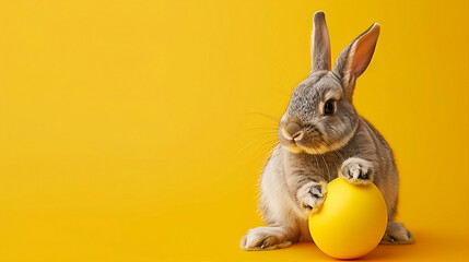 Fototapeta na wymiar An Easter bunny with holding a yellow egg.