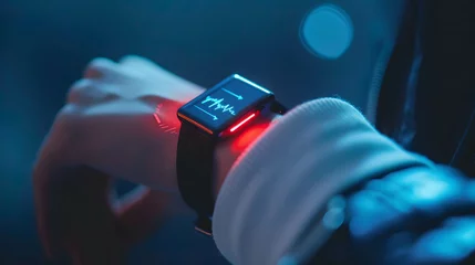 Poster A wearable device tracking a person's vital signs in real-time, medical technology that helps measure physical condition © Slowlifetrader