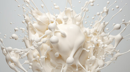 Splash of milk with drops, explosion of white liquid on a gray background.