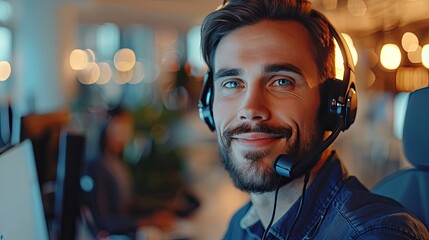 Call Centre Sales Team: Male Customer Support Phone Operator with Headset and Group of Sales Agents Working in Office - obrazy, fototapety, plakaty