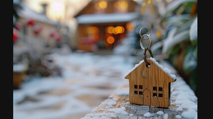  Key with Snowy Cottage Background