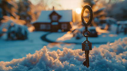  Key with Snowy Cottage Background