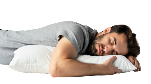 Handsome sleeping man with pillow isolated on white background. With clipping path