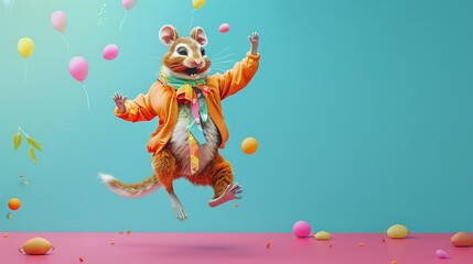 A mischievous rapscallion engaging in pandiculation with a playful backdrop and copy space - obrazy, fototapety, plakaty