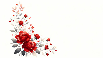 A delicate red floral arrangement in the far left corner against a white background