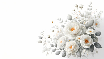 A white floral arrangement in the far left corner against a white background