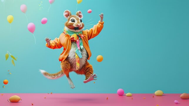 A mischievous rapscallion engaging in pandiculation with a playful backdrop and copy space