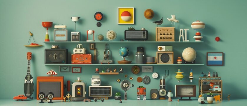 A quirky and offkilter depiction of objects arranged cattywampus, adding a touch of whimsy and playfulness