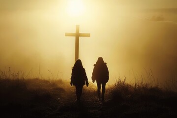 Christian Women Walking Towards the Cross in Easter Light: Faith, Friendship, and Belief in Jesus Christ