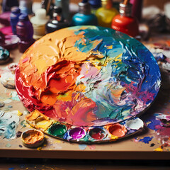 A close-up of an artists palette with a mix of vivid colours