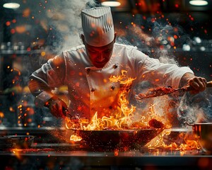 Intrigue the viewer with a dynamic eye-level angle shot of a celebrity chef tackling culinary challenges Display their skill, determination, and grace under pressure