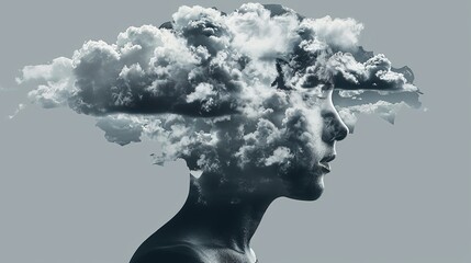 Illustration of mental health concept human silhouette of open mind with clouds covering on with intrusive thoughts disorders against gray background - obrazy, fototapety, plakaty