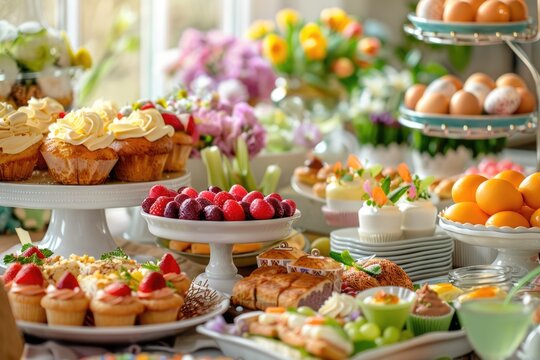Delicious Easter Brunch: A Festive Breakfast Buffet on the Table with Quiches, Cupcakes, Deli and Easter Eggs