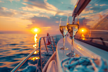 Sunset Cruise: a luxurious yacht sailing into the sunset, with happy vacationers raising their...