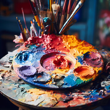 A close-up of an artists palette with a mix of vivid colours